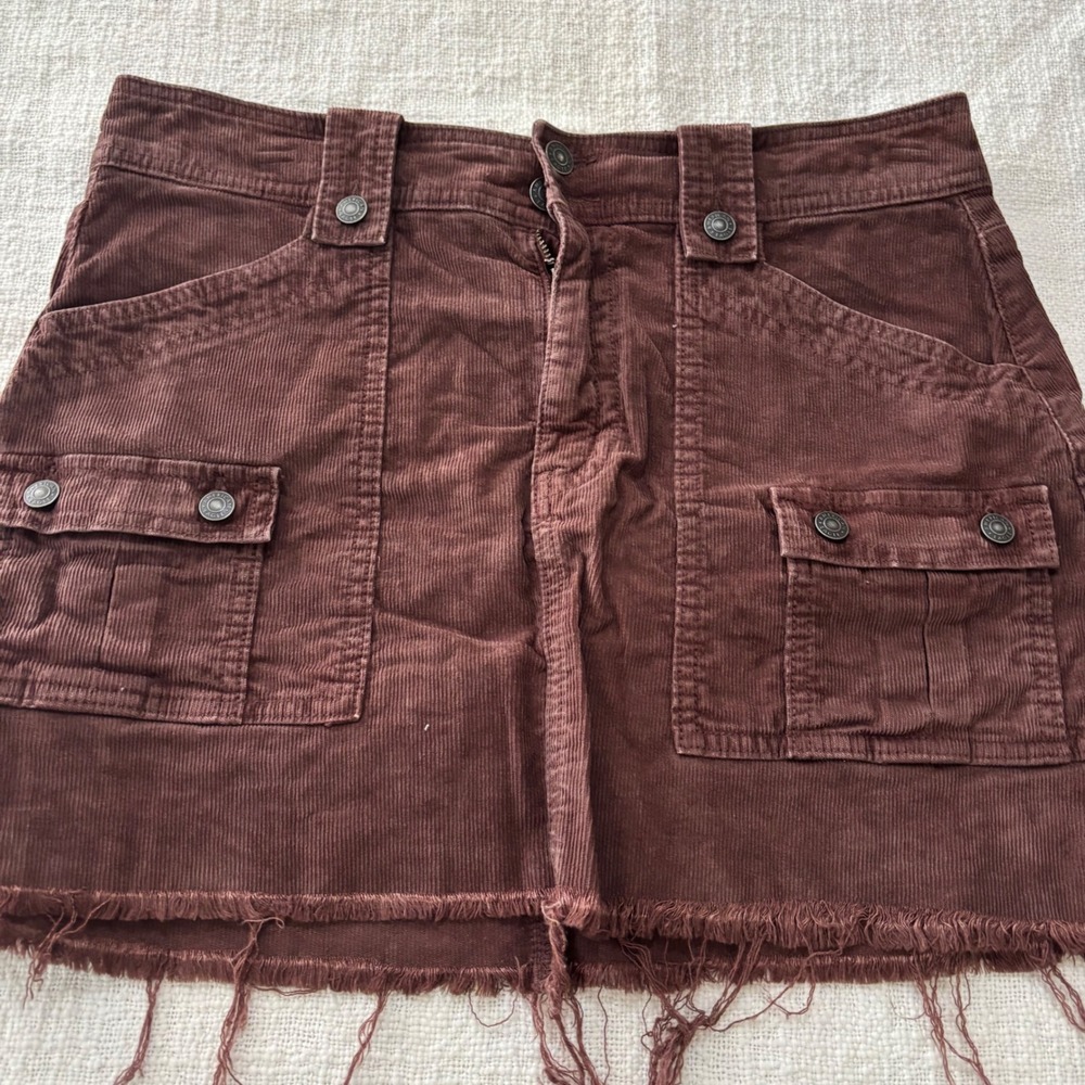 American Eagle Brown Corduroy Cargo Mini Skirt Frayed Hem Size 10 Utility Y2K